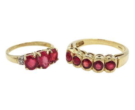 Gold five stone ruby ring and a gold three red stone and diamond ring, both 9ct stamped or hallmarked - Condition Report Appr