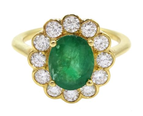 18ct gold oval emerald and diamond cluster ring, hallmarked, emerald approx 1.60 carat, diamond total weight approx 0.85 cara