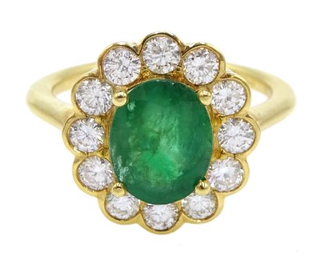 18ct gold oval emerald and diamond cluster ring, hallmarked, emerald approx 1.60 carat, diamond total weight approx 0.85 cara