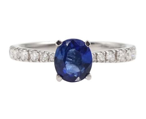 18ct white gold oval Ceylon sapphire ring, with diamond set shoulders, hallmarked, sapphire approx 0.90 carat - Condition Rep