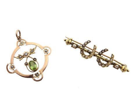 Victorian 18ct gold spilt seed pearl double horse shoe brooch and an Edwardian 9ct rose gold peridot and seed pearl pendant -