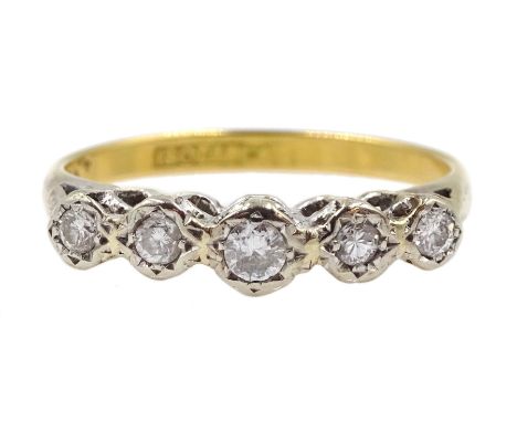 Gold five stone old cut diamond ring, stamped 18ct Plat - Condition Report Approx 2.22gm, size N, overall head length = 18mm