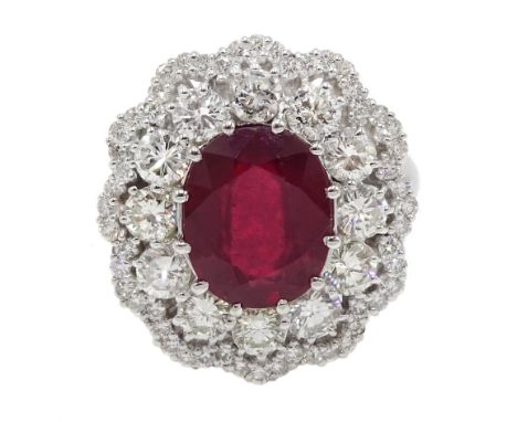 White gold oval ruby and round brilliant cut diamond ring, stamped 14K, ruby approx 5.70 carat, total diamond weight approx  