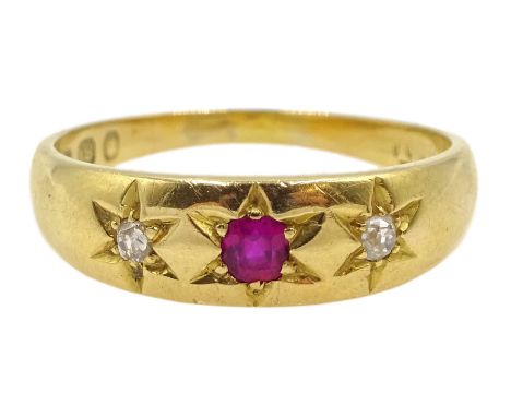 Victorian 18ct gold ruby and diamond gypsy ring, hallmarked - Condition Report Approx 5.3gm, size S-T, date letter on hallmar