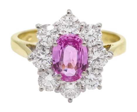 18ct gold pink sapphire and diamond cluster ring, hallmarked, sapphire approx 0.90 carat, total diamond weight approx 1.00 ca