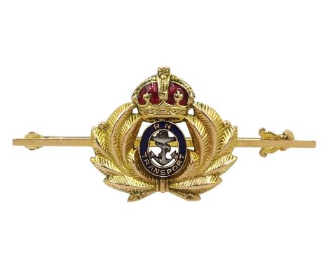 Gold enamel R.N Transport bar brooch, stamped 15ct, approx 5gm - Condition Report Back pin tested to 6ct, length = 50mm