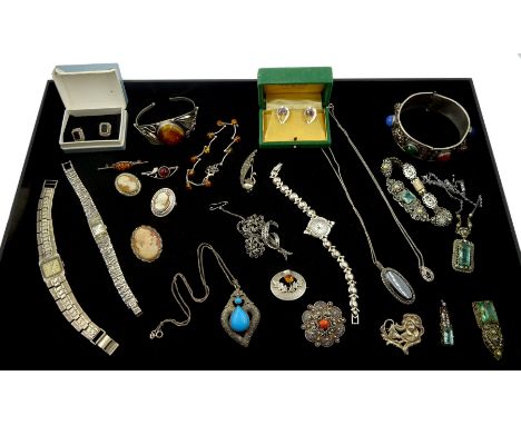 Collection of silver stone set jewellery including marcasite brooches, amber bangle, bracelet and brooch, pendant necklaces, 