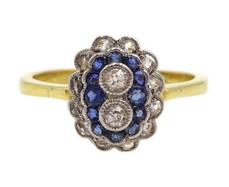 18ct gold milgrain set old cut diamond and sapphire ring, two central diamonds, with a surround of sapphires and diamonds - C