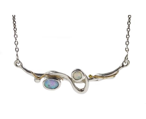 Silver and 14ct gold wire opal necklace, stamped 925 - Condition Report 