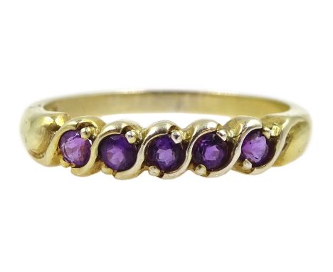 Silver-gilt five stone amethyst ring, stamped sil - Condition Report Size N-O