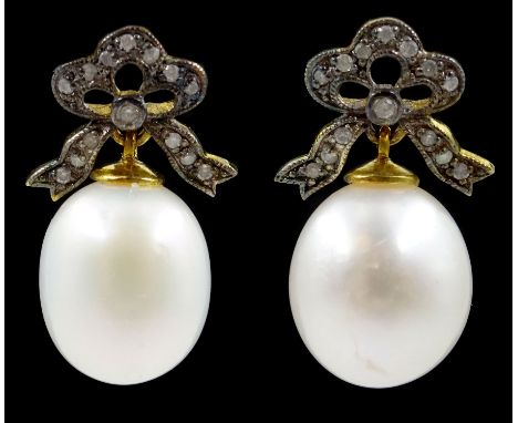 Pair of oval cultured pearl and diamond bow pendant earrings - Condition Report Pendant length = 23mm