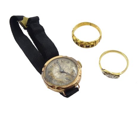 15ct gold ring hallmarked, 18ct gold diamond set ring and an early 20th century 9ct rose gold ladies wristwatch on a black ri