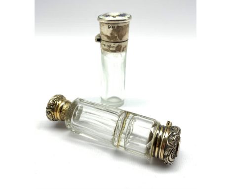 Silver scent flask with floral enamel hinged lid Birmingham 1920 and a clear glass double ended scent flask with gilt metal c