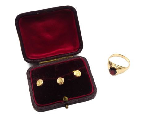 Gold garnet signet ring stamped 9ct and three Victorian gold shirt studs, Birmingham 1898, in silk and velvet lined box - Con