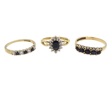 Gold sapphire and diamond cluster ring, gold sapphire and cubic zirconia ring and a five stone sapphire ring, all hallmarked 