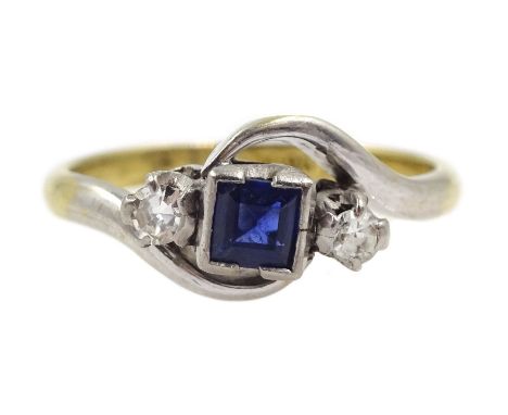 Gold square cut sapphire and round old cut diamond three stone ring, stamped Plat 18ct - Condition Report Approx 2.3gm, size 