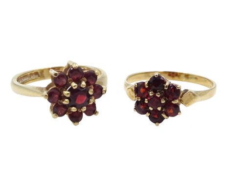 Two 9ct gold garnet cluster rings, stamped or hallmarked - Condition Report Approx 4gm gross, sizes J &amp; J-K