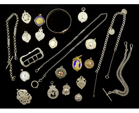 Fifteen early 20th century and later silver fob medallions, silver watch chains, silver bangle and buckle, all hallmarked or 