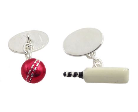 Pair of silver and  enamel cricket bat and ball cufflinks, hallmarked - Condition Report 