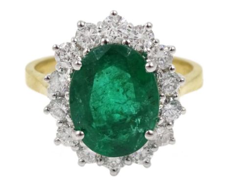 18ct gold oval emerald and diamond cluster ring, hallmarked, emerald 3.00 carat, total diamond weight approx 1.10 carat - Con