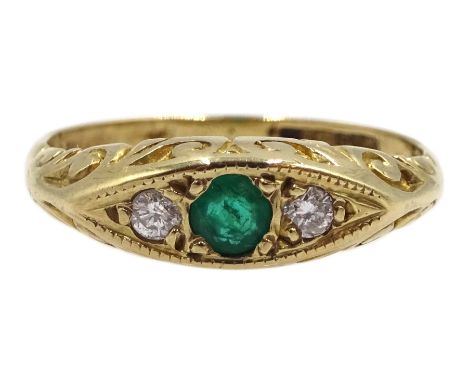 9ct gold three stone emerald and diamond ring, hallmarked - Condition Report Approx 2.1gm, size H