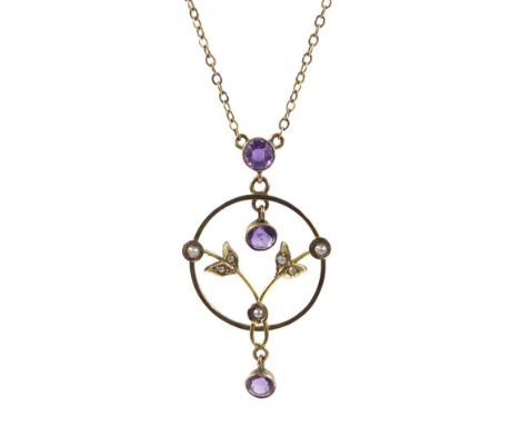 Edwardian 9ct gold amethyst and seed pearl pendant necklace - Condition Report Gold tested, approx 2.1gm, necklace length = 4