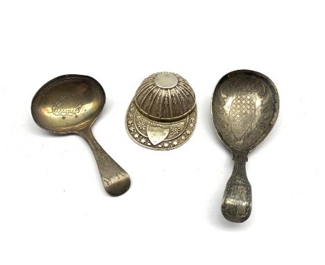 Modern engraved silver jockey cap caddy spoon by Francis Howard Ltd,  George III silver fiddle pattern caddy spoon London 178