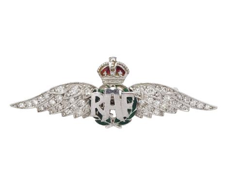 Platinum diamond and enamel RAF brooch, stamped P T - Condition Report Tested to platinum, approx 4.9gm, length = 42mm, overa
