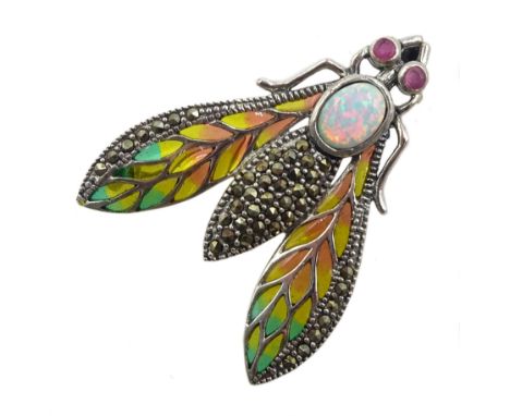 Silver plique-a- jour, ruby,  opal and marcasite bug brooch, stamped 925 - Condition Report 