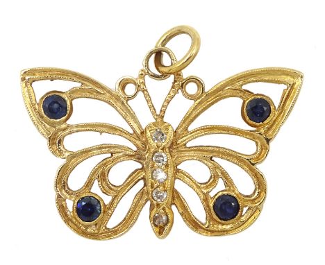 9ct gold sapphire and diamond open work butterfly pendant, hallmarked - Condition Report Approx 3.6gm, length = 25mm