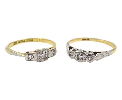 Gold three stone old cut diamond ring, square setting, stamped 18ct Plat and one other three stone diamond ring, stamped 18ct