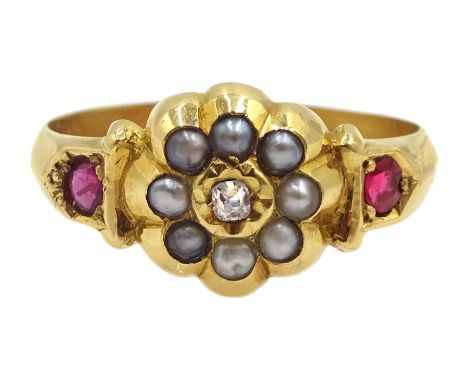 Victorian 18ct gold diamond, seed pearl, ruby and paste ring, Birmingham 1895 - Condition Report Approx 4gm, size P-Q head de