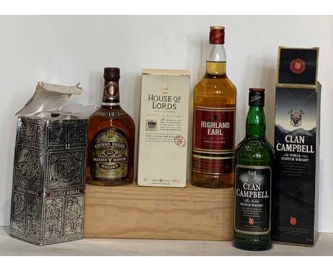 4 Bottles (including 1 litre bottle) Fine Scotch Whisky comprising : 1 bottle (26⅔fl.oz.) from 1970’s (boxed) Chivas Regal Ag