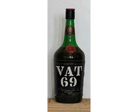 1 Litre Bottle Wm Sanderson VAT 69 Finest Scotch Whisky from 1970’s as supplied by Finnigans Ltd. Duty Free Liquor Shop at Ma