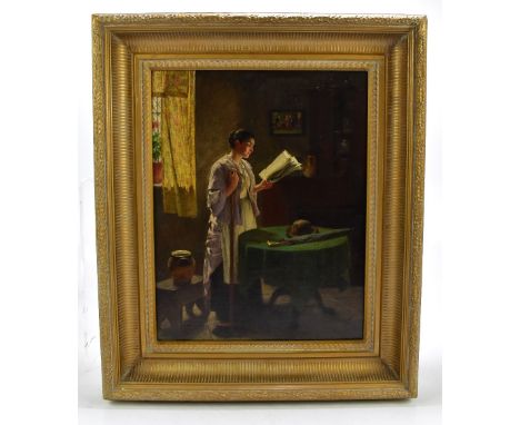 HAYNES KING (1831-1904); oil on canvas, 'The Morning Paper', signed and inscribed on label verso, 45 x 35cm, framed.Additiona