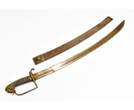 An early 19th century officer's sword, with curved blade and mask head terminal, with leather scabbard (af), length 87cm.Addi