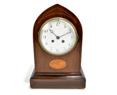 JAPY FRERES; an Edwardian inlaid mahogany lancet top mantel clock, the circular enamel dial with Roman numerals, height 34cm.