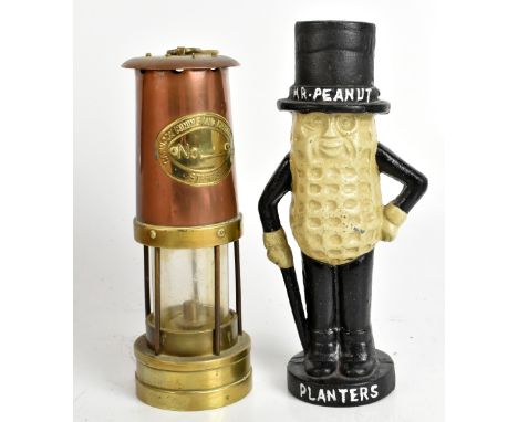 A modern cast iron ‘Mister Peanut Planters’ moneybox, height 27cm, together with a Cannock Mining & Mineral Co copper and bra