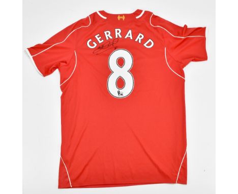 LIVERPOOL FC: a Warrior 2014-15 season home shirt signed to reverse with 'Gerrard 8' printing, size L.Additional InformationA