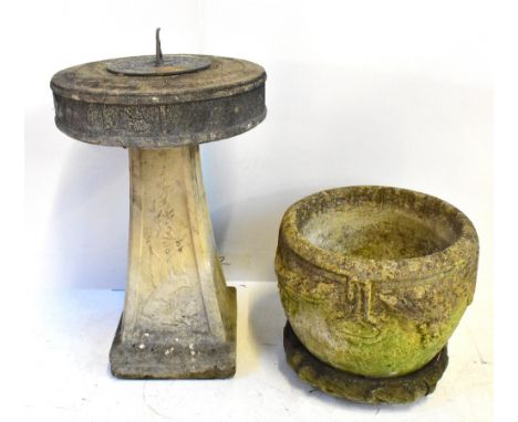 A reconstituted sundial raised on tapering square section base, height including gnomon 67cm, and a large planter on squat st