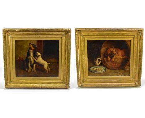 19TH CENTURY ENGLISH SCHOOL; a pair of oils on canvas, the first a study of two dogs, the second depicting a sleeping dog bes