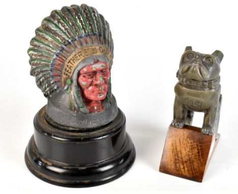 Two car mascots, the first in the form of an Art Deco style bulldog, raised on wooden plinth base,&nbsp;height 14cm, and a&nb