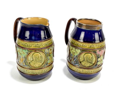 DOULTON LAMBETH; two Artware jugs with relief decoration commemorating the coronation of Their Majesties King Edward VII & Qu