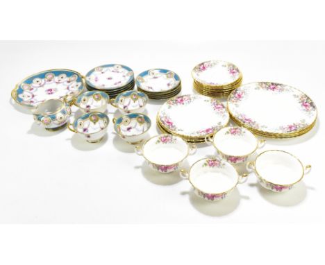 NORITAKE; a part tea service painted in panels with floral detail inside a gilt and turquoise border, also a Royal Albert 'Au