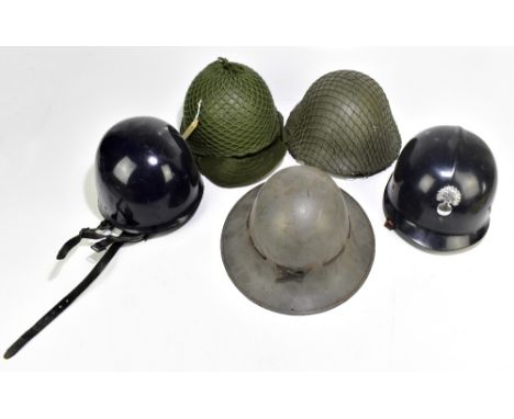 Five military and public service helmets comprising British Civil Defence Zuckerman, French Gendarmerie F1 M 1978, Belgian Ge