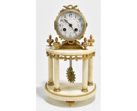 A.D. MOUGIN; a French gilt brass and marble mantel clock, the circular enamel dial with Arabic numerals and floral sprays, he