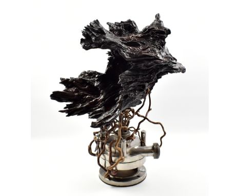 LISA CULLEY; a tree root lamp with substantial chrome base, signed with artist's plaque, height 59cm.