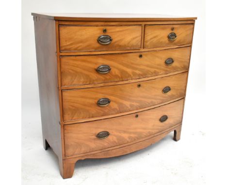 A 19th century&nbsp;mahogany bowfronted chest of two short over three long drawers, raised on bracket feet,&nbsp;length 104cm