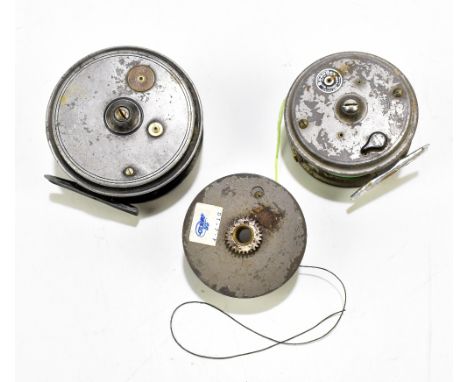 J W YOUNG; a 4" alloy reel with inscribed circular roundel, a similar slightly later 3 1/2" reel with regulator and an associ