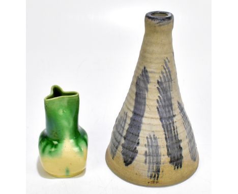 A West Country art pottery vase with pinched neck,&nbsp;height 11cm, and a conical studio pottery lamp base, signed Lucy WA,&